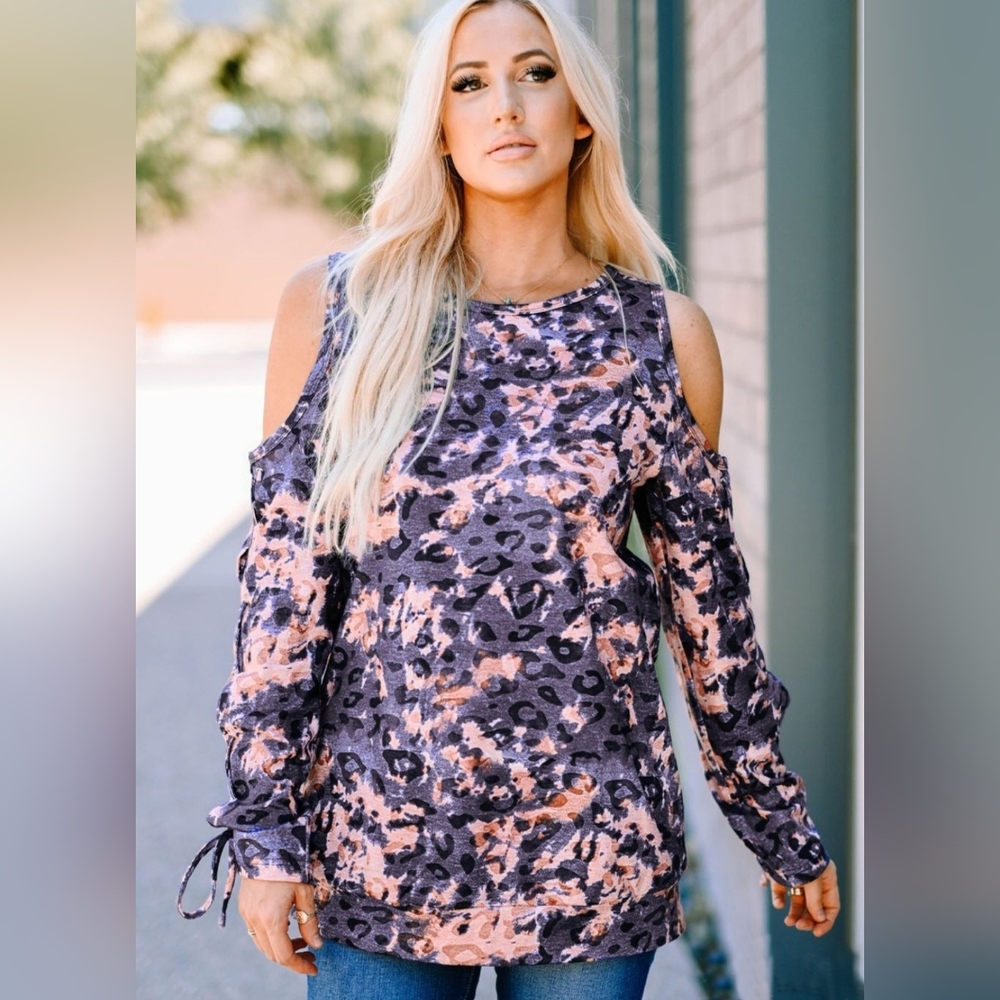NWT'S- OVER THE MOON - Blue/Pink Leopard/TyeDye Print Cold Shoulder Top